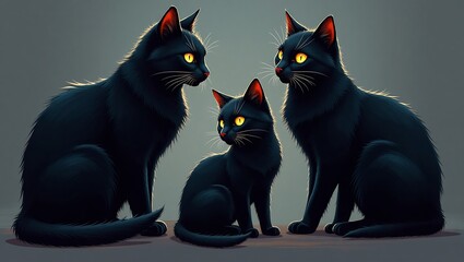 Three black cats with glowing yellow eyes sitting together in a dimly lit space