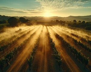 Aerial view of a tractor spraying vineyard rows at sunrise. Use for agriculture, wine production, and rural landscapes themes.