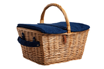 Fototapeta premium Wicker picnic basket with blue quilted lining and handle, perfect for outdoor dining and summer gatherings, isolated on a transparent background vector