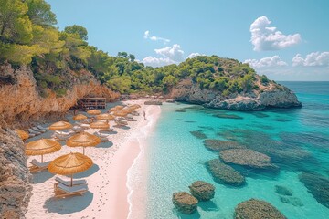 Idyllic beach with turquoise water, sunbeds, and straw umbrellas. Perfect to illustrate travel, vacation, relaxation, and summer themes.