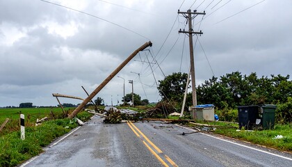 A fallen power pole obstructs a road after a storm, accompanied by downed power lines and scattered debris