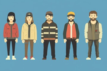 Pięć stylizowanych postaci w odzieży casualowej