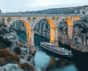 Old stone bridge with arches, cruise ship sailing on river in canyon. Use this to show travel destinations and bridge and boat architecture.