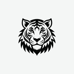 Tiger Face Silhouette in Tribal Art Style – Abstract Black and White Design with Flowing Mane