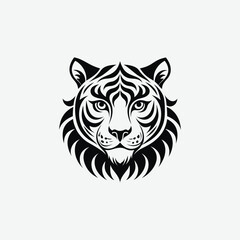 Tiger Face Silhouette in Tribal Art Style – Abstract Black and White Design with Flowing Mane
