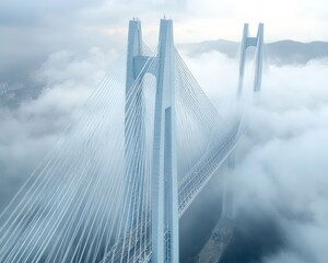 Cable-stayed bridge towers emerge from thick fog, connecting to distant mountains. Use for infrastructure, transportation, or overcoming geographical obstacles.