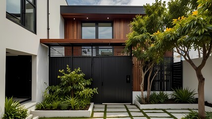 Wrought iron gate and fence in front of a building with architectural details and garden
