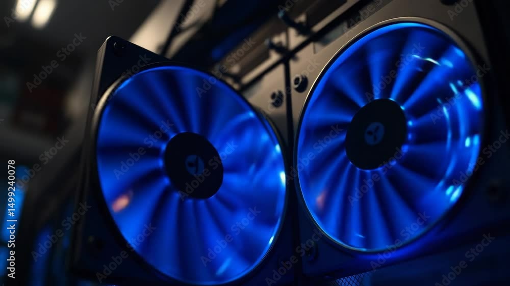 Poster close up angle of server fans spinning with vivid blue cooling leds casting an atmospheric glow in t
