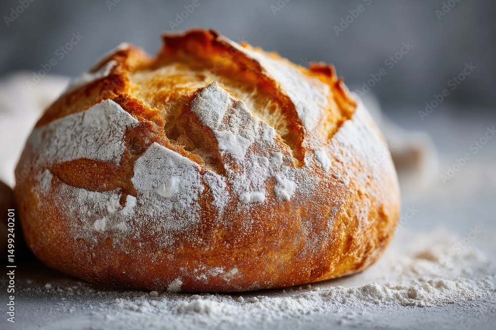 Poster close-up shot of a freshly baked loaf of rustic bread, generously dusted with flour, creating a warm