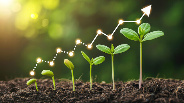 A digital composite image of growing green seedlings emerging from dark soil, arranged in ascending order from left to right .