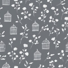 Elegant gray and white repeating pattern of cages and flowers.