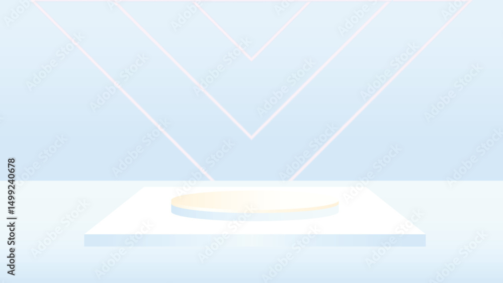 Poster simple abstract scene with a pastel round podium and light gradients on a blue geometric background 