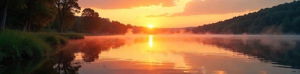 Fototapeta premium Serene lakeside scene at sunset, perfect for relaxation and unwinding Tranquil water reflects the golden light, creating a peaceful atmosphere ideal for leisure , spring, peace