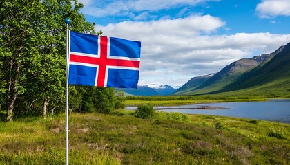 icelandic flag waving in nature for iceland independence day concept of national pride