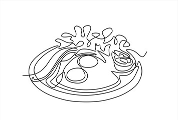 Continuous one line drawing of a Plate with Eggs and Bacon. Editable stroke.