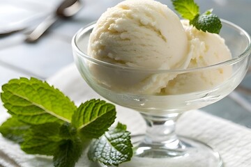 Elegant Vanilla Ice Cream Scoop in Glass Cup with Mint Leaves &ndash; Gourmet Dessert Photography