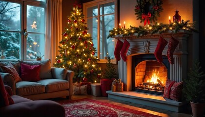Cozy Christmas living room scene featuring a decorated fireplace, twinkling lights, and a plush, inviting atmosphere, perfect for holiday gatherings and relaxation , decorations, ornaments, interior