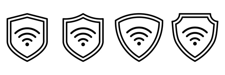 Wi-Fi Signal Protection Icons. Black Line Shield Set for Secure Internet Access and Cybersecurity Illustrations. Outline Wireless Network Symbols for Tech Safety and Privacy Concepts
