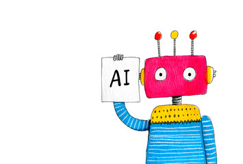 A whimsical illustration of a robot, holding a blank paper, with word "AI" written on paper. Space for text. 