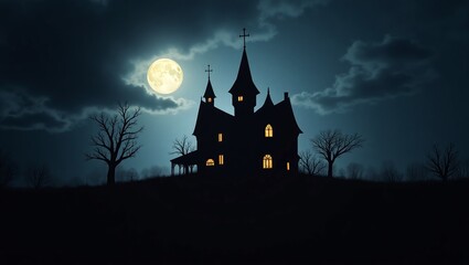 Fototapeta premium Silhouette of a Spooky Mansion Lit Under a Full Moon Against a Cloudy Night Sky