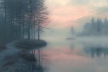 Fototapeta premium Tranquil Winter Sunrise Over Misty Forest Lake for Nature Photography