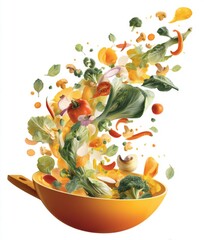 Colorful vegetables are tossed into a wok.