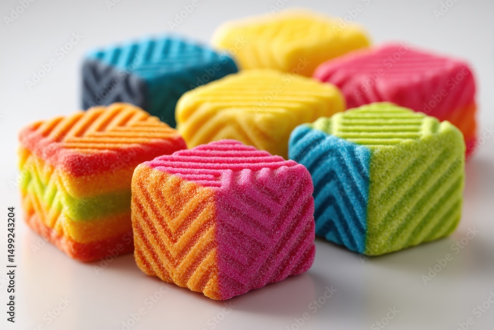 Poster a vibrant close-up of colorful cube-shaped candy, showcasing unique designs and textures, creating a