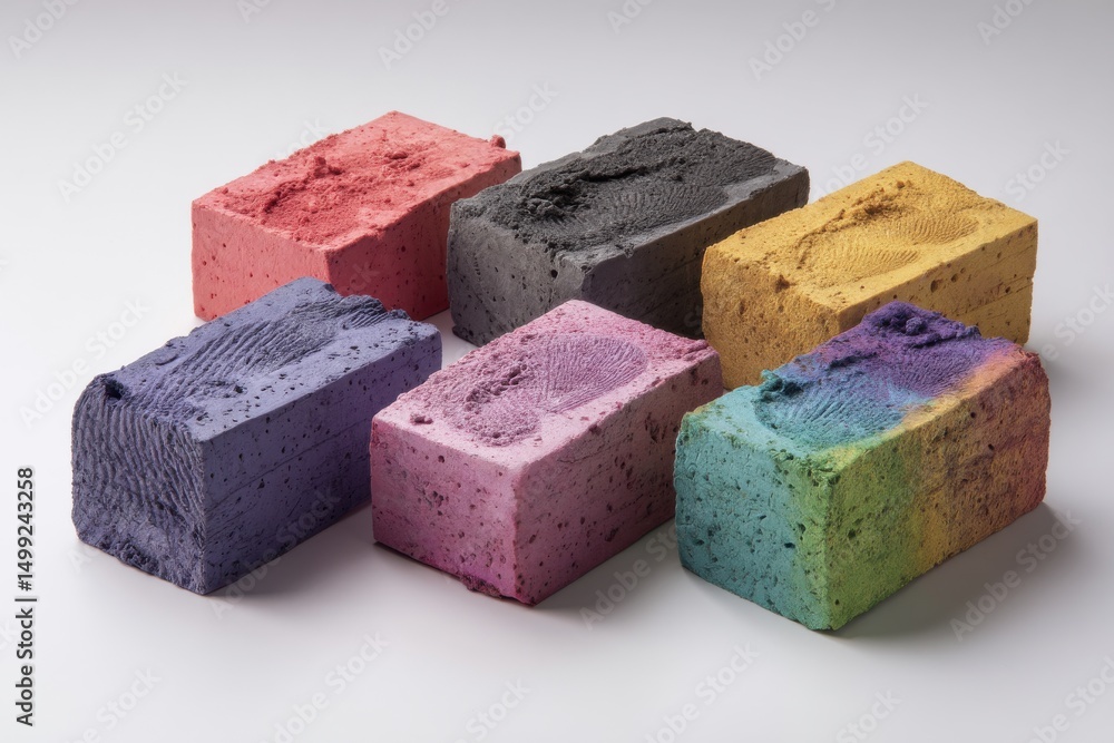 Poster a colorful assortment of uniquely textured bricks, showcasing a range of shades and patterns that ad