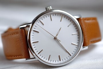 Elegant wristwatch with a white dial and brown leather strap, showcasing minimalist design and sophisticated style for timekeeping and fashion.
