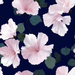 Delicate pink hibiscus flowers and leaves in a navy blue pattern.