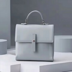 Sophisticated powder blue square handbag presented against minimalist backdrop