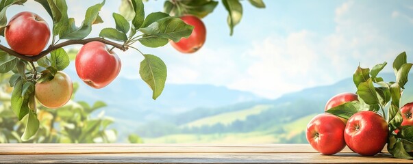 Red apples on tree branch and wooden table in orchard with blue sky