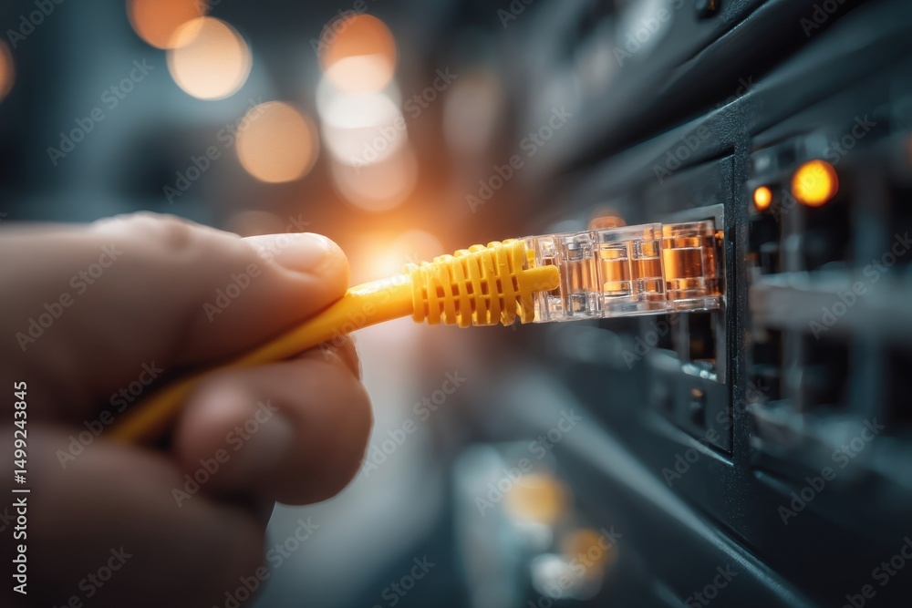 Poster connecting to the network: hand inserting a yellow ethernet cable into a server port, ensuring a rel