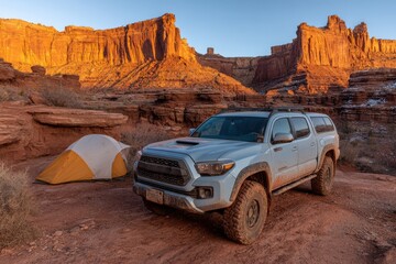 A light blue off-road car and a yellow tent in front of canyon lands in Utah, showcasing the rugged beauty of the American Southwest landscape.