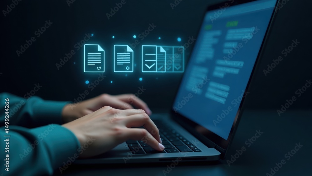 Poster hands typing on a laptop with document icons displayed.