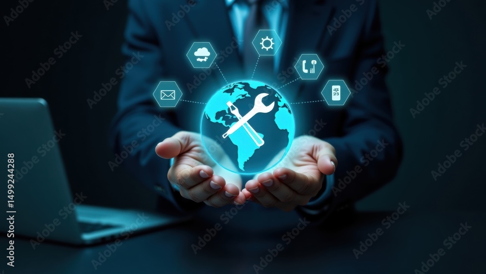 Poster global support and maintenance services displayed in a futuristic interface.