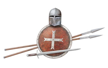 knight's helmet sword shield and two spears isolated on white