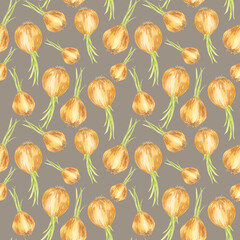 Golden brown onions with fresh green stalks on a muted grey background in a seamless watercolor pattern. Vegetable clipart for kitchen towels, stickers, packaging, and botanical-themed products