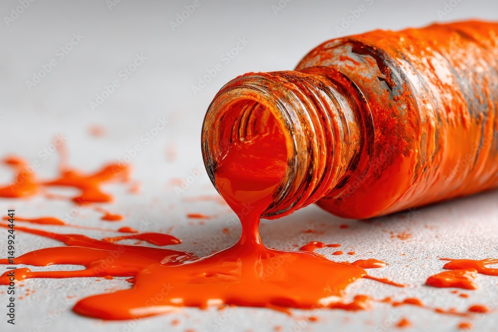 Poster an orange fluid being spilled from a tilted glass bottle, resulting in a vibrant splash on a clean s