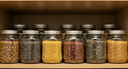 Kitchen cupboard with long life foods in glass jar containers