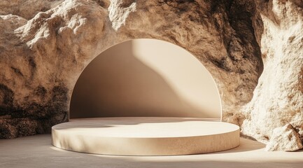 Sunlit beige circular platform nestled within a sun-drenched rock alcove, creating a minimalist, earthy display