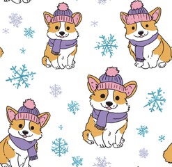 Cute corgi dogs in winter hats and scarves on a white background with snowflakes.
