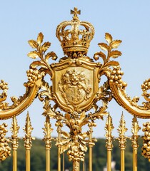 Obraz premium Ornate golden metal gate with crown, lion shield, laurel wreath, swords, and intricate designs under clear blue sky