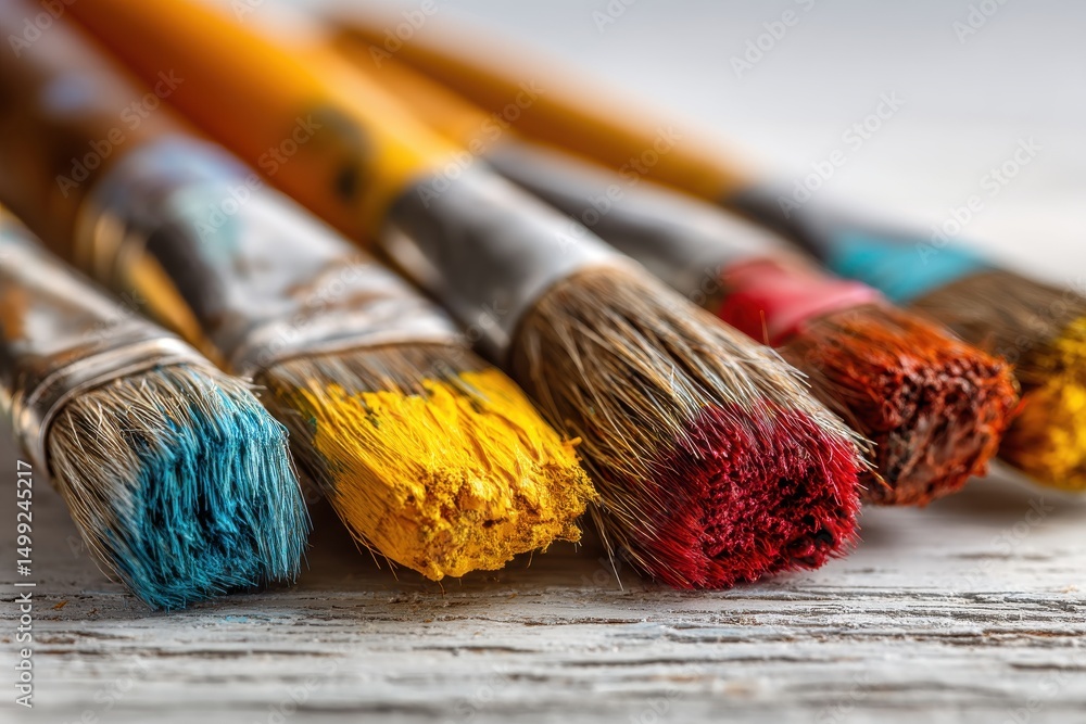 Poster a close-up view of vibrant and colorful paintbrushes, showcasing artistic expression and the tools o