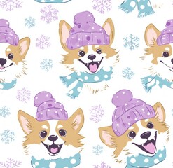 Adorable corgi puppies wearing winter hats and scarves, set against a white background with snowflakes.