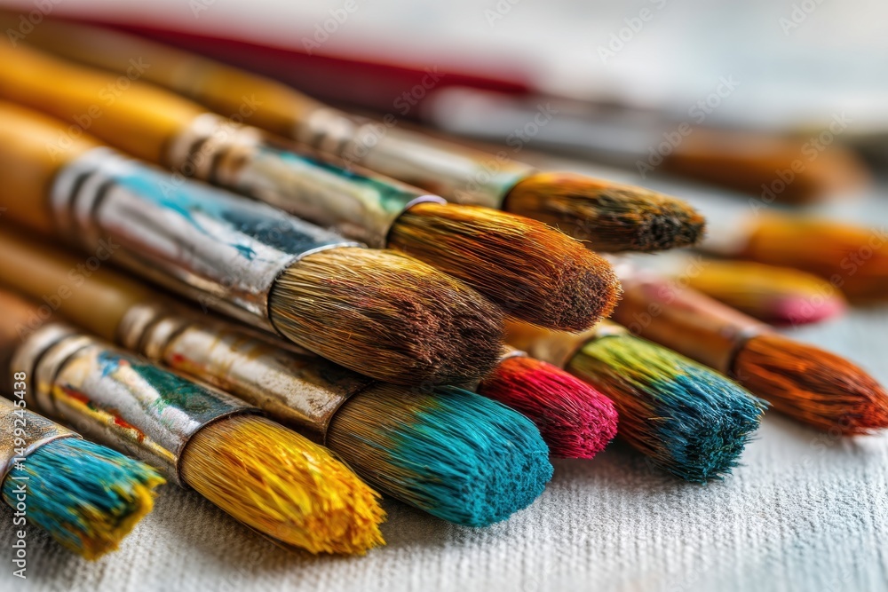 Poster a vibrant close-up of an array of colorful paintbrushes resting on a textured surface, showcasing a 