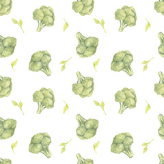Light green watercolor broccoli florets with scattered leaves in a seamless pattern. Garden vegetables clipart for childrens food books, eco gift wrap, and healthy lifestyle branding