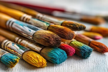 Fototapeta premium A vibrant close-up of an array of colorful paintbrushes resting on a textured surface, showcasing a spectrum of hues and artistic tools, arranged in an appealing manner.