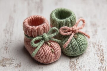 Adorable pair of hand-knitted baby booties in soft pastel colors, perfect for newborn baby gifts, adding a touch of warmth, love, and craft to any baby's wardrobe.