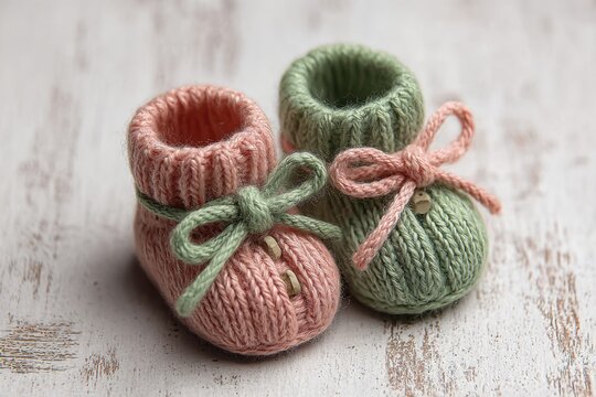 Adorable pair of hand-knitted baby booties in soft pastel colors, perfect for newborn baby gifts, adding a touch of warmth, love, and craft to any baby's wardrobe.